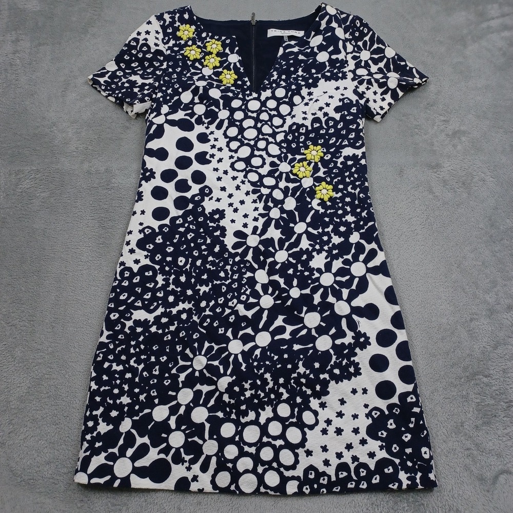 Trina Turk Dress Womens 4 Blue Floral Pullover Casual Preppy Short Sleeve Zip